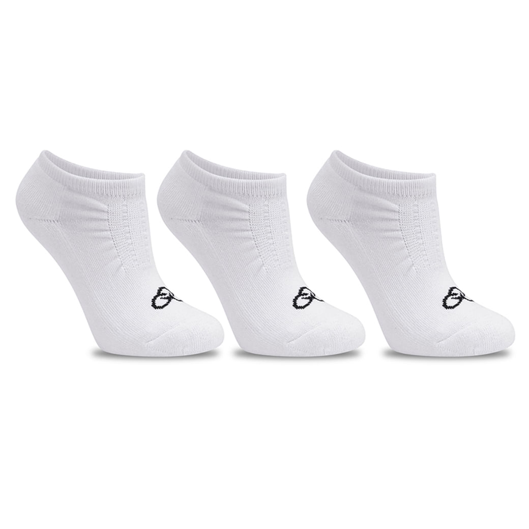 Meia masculina esportiva Olympikus branca com cano invisível, mostrando textura ventilada e logo preto